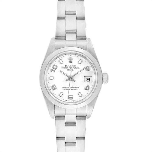 This image shows a front view of the Rolex Date 79160 Women's Stainless Steel White Dial 79160 Women's Stainless Steel White Dial model watch, displaying its face, bracelet, and date complication.