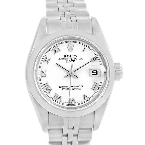 This image shows a frontal view of the Rolex Oyster Perpetual Date watch, highlighting its dial, bracelet, and date window.