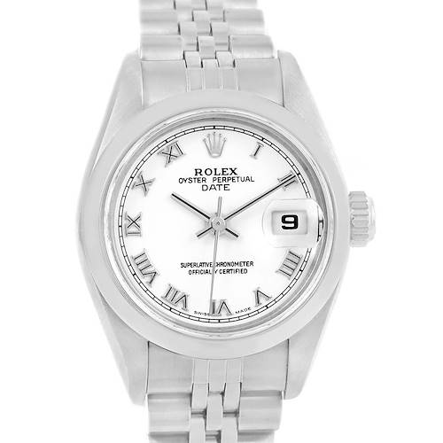 The image shows a close-up of the Rolex Date 79160 Women's Stainless Steel White Dial 79160 Women's Stainless Steel White Dial model watch, displaying the dial, hour markers, hands, and partial bracelet.