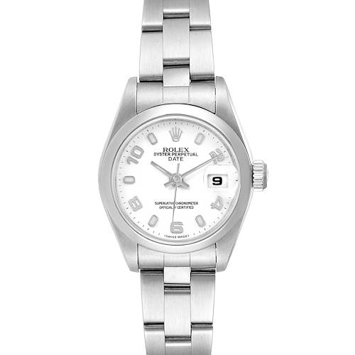 The image shows a front view of a Rolex Date 69160 Women's Stainless Steel White Dial 69160 Women's Stainless Steel White Dial model watch, highlighting its dial, bracelet, and date window.
