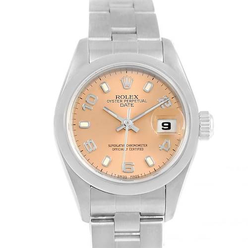 The image shows a Rolex Date 69160 Women's Stainless Steel Pink Dial 69160 Women's Stainless Steel Pink Dial model watch from a straight-on angle, highlighting the dial, case, crown, and part of the bracelet.