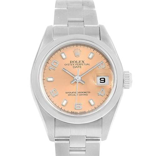 The image shows a Rolex Date 79160 Women's Stainless Steel Pink Dial 79160 Women's Stainless Steel Pink Dial model from a front view, displaying the dial, hands, date window, and part of the bracelet.