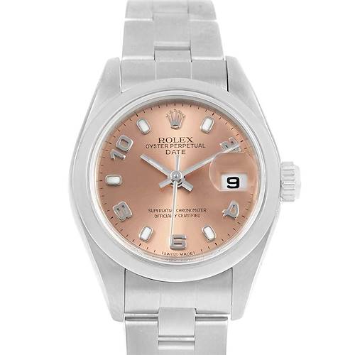 The image shows a front view of a Rolex Oyster Perpetual Date watch, featuring a stainless steel bracelet, and a pink dial with the date display at the 3 o'clock position.