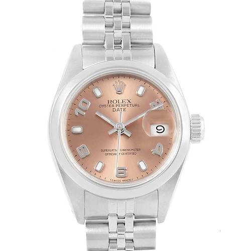 The image shows a Rolex Date 79160 Women's Stainless Steel Pink Dial 79160 Women's Stainless Steel Pink Dial model watch from a front-facing angle, displaying its dial, hands, bracelet, and crown.