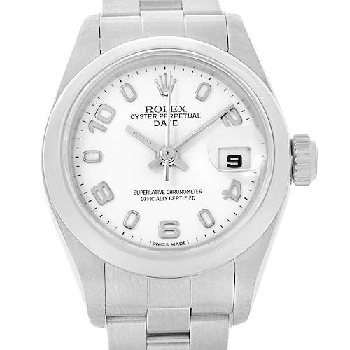 This is a front view of a Rolex Date 79160 Women's Stainless Steel White Dial 79160 Women's Stainless Steel White Dial model watch, showing the face, hands, and bracelet.