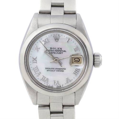 This is a close-up, front-facing view of the Rolex Date 6917 Women's Stainless Steel Mother of Pearl Dial 6917 Women's Stainless Steel Mother of Pearl Dialjust watch, displaying the dial, hands, date window, and part of the bracelet.