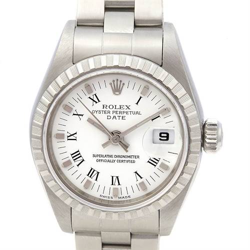 The image shows a front view of the Rolex Date 79240 Women's Stainless Steel White Dial 79240 Women's Stainless Steel White Dial model watch, highlighting the dial, bezel, crown, and part of the bracelet.