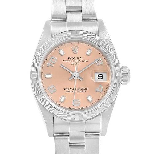 This image displays the face, crown, and part of the bracelet of a Rolex Date 69190 Women's Stainless Steel Pink Dial 69190 Women's Stainless Steel Pink Dial model watch from a front angle.