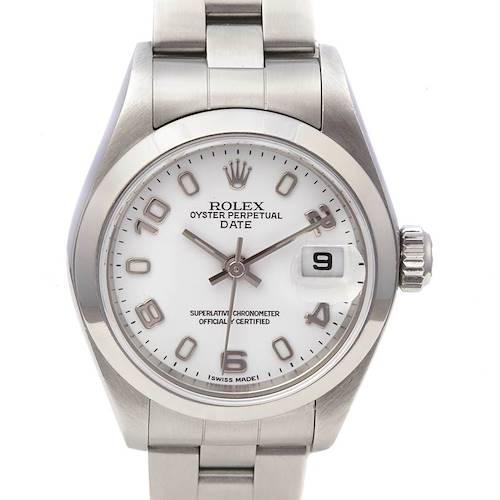 The image shows a front view of a Rolex Oyster Perpetual Date watch, highlighting the dial, bezel, and part of the bracelet.
