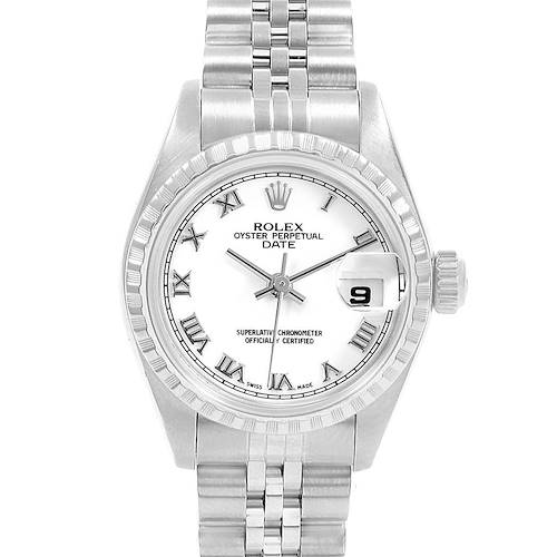 The image shows a front view of a Rolex Date 79240 Women's Stainless Steel White Dial 79240 Women's Stainless Steel White Dial model watch with its face, band, and crown visible.