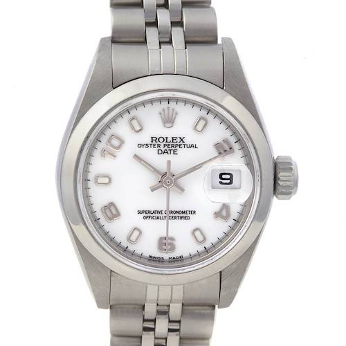 The Rolex Oyster Perpetual Date watch is shown from a top-down angle, highlighting its face, bezel, and part of the metal bracelet.