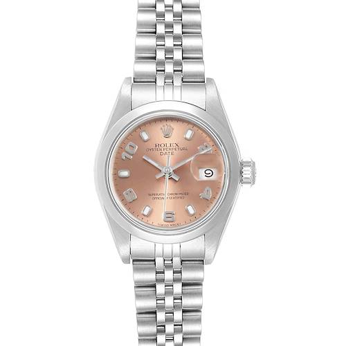 Shown is a front view of the Rolex Oyster Perpetual Date watch, highlighting its face, bezel, and bracelet.