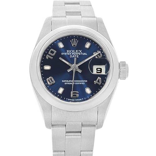 The image shows a Rolex Date 69160 Women's Stainless Steel Blue Dial 69160 Women's Stainless Steel Blue Dial model watch from the front angle, featuring the dial, hands, date window, bezel, and bracelet.