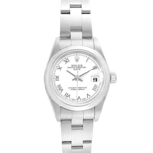 This image shows a frontal view of the Rolex Date 79160 Women's Stainless Steel White Dial 79160 Women's Stainless Steel White Dial watch, highlighting the dial, bracelet, and crown.