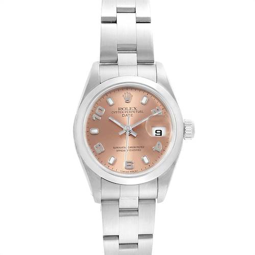 This image shows a frontal view of the Rolex Date 79160 Women's Stainless Steel Pink Dial 79160 Women's Stainless Steel Pink Dial model watch, highlighting the dial, bracelet, and date window.