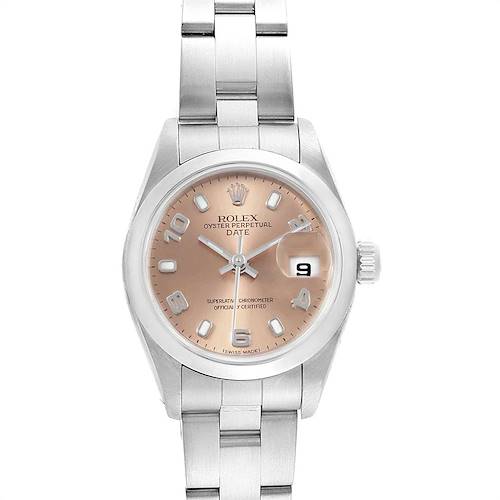 This image shows a front view of a Rolex Date 79160 Women's Stainless Steel Pink Dial 79160 Women's Stainless Steel Pink Dial model watch, displaying the dial, hour markers, hands, and date window.