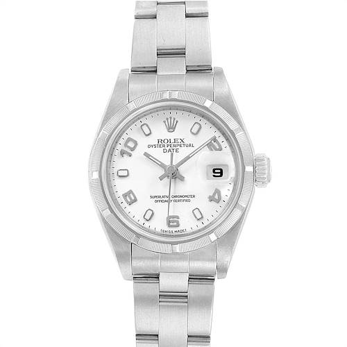 The Rolex Date 79190 Women's Stainless Steel White Dial 79190 Women's Stainless Steel White Dial model watch is shown from a front view, displaying the face, bezel, bracelet, and crown.