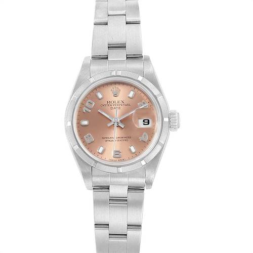 The image shows a front view of a Rolex Date 79190 Women's Stainless Steel Pink Dial 79190 Women's Stainless Steel Pink Dial model watch, highlighting the dial, bezel, bracelet, and crown.