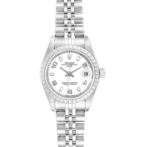 This image shows a front view of a Rolex Date 79240 Women's Stainless Steel White Dial 79240 Women's Stainless Steel White Dial watch, highlighting the dial, bezel, and bracelet.