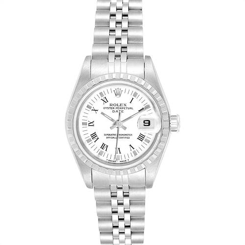 The Rolex Date 69240 Women's Stainless Steel White Dial 69240 Women's Stainless Steel White Dial watch is shown from a front angle, displaying its face, date window, bezel, and bracelet.