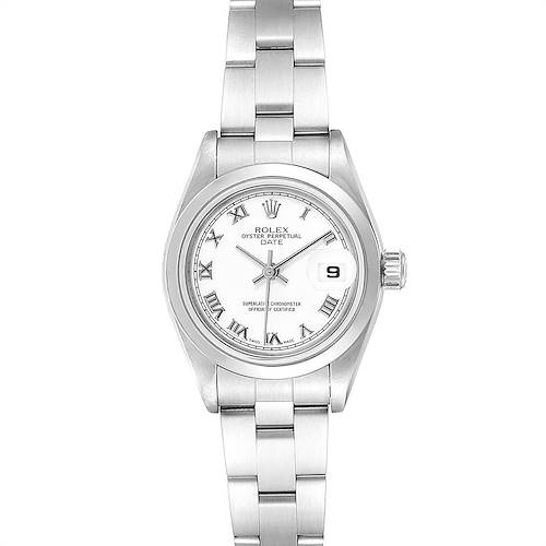 The image shows a top-down view of a Rolex Date 79160 Women's Stainless Steel White Dial 79160 Women's Stainless Steel White Dial model watch, displaying the face, bracelet, and crown.