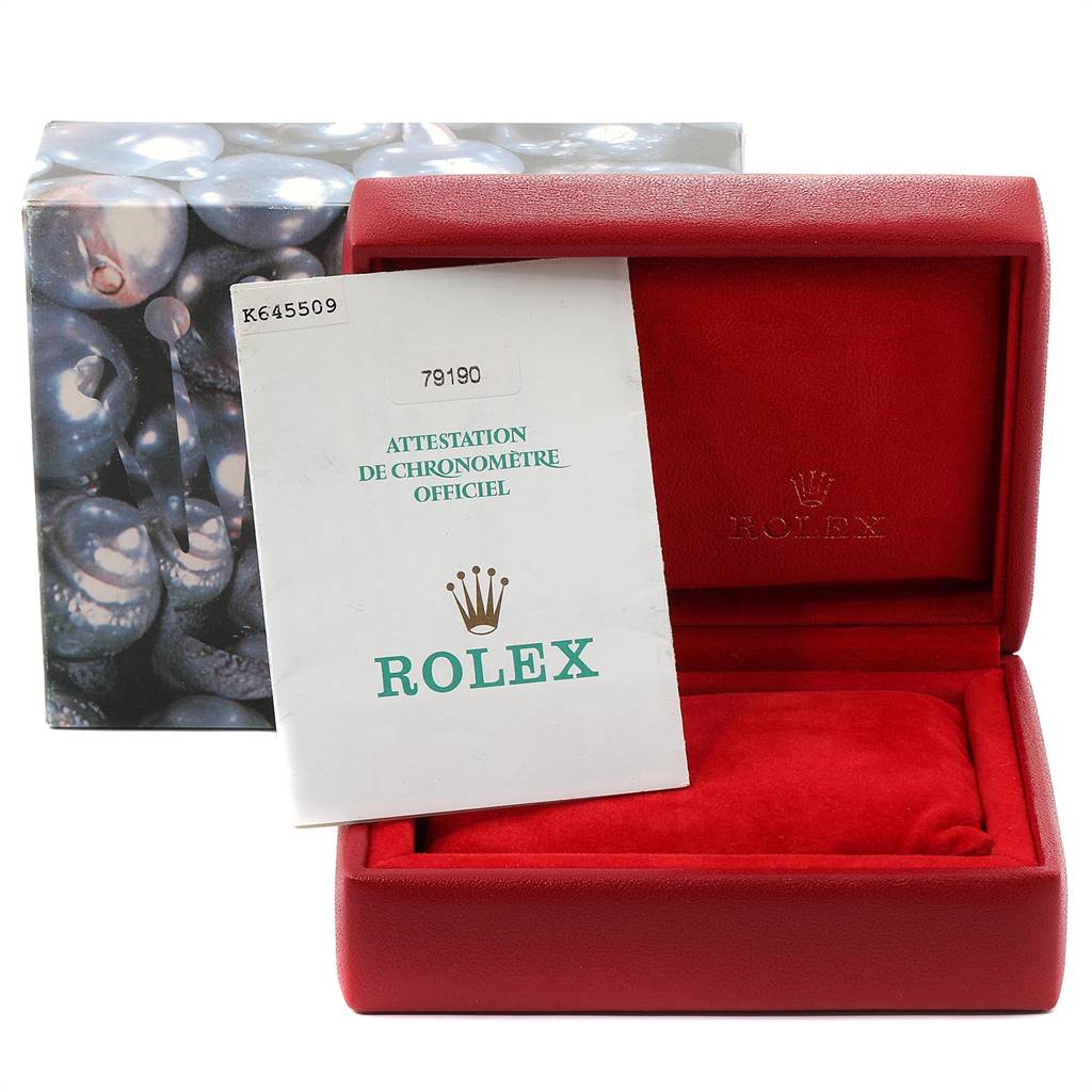The image shows the open box and document with a Rolex Date 79190 Women's Stainless Steel White Dial 79190 Women's Stainless Steel White Dial model watch, viewed from the front.