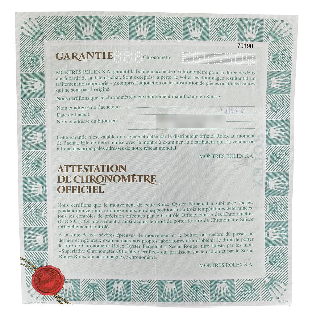 The image displays the warranty certificate for the Rolex Date 79190 Women's Stainless Steel White Dial 79190 Women's Stainless Steel White Dial model, showing details about certification and authenticity.