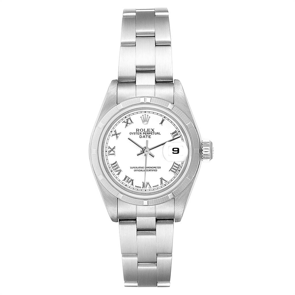 The image shows a front view of a Rolex Date 79190 Women's Stainless Steel White Dial 79190 Women's Stainless Steel White Dial model watch, highlighting its face, bezel, bracelet, and date display.