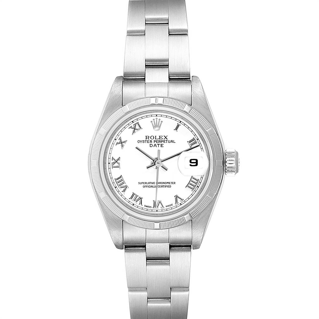 The image shows a Rolex Date 79190 Women's Stainless Steel White Dial 79190 Women's Stainless Steel White Dial model watch from a front view, featuring its dial, case, bezel, and bracelet.