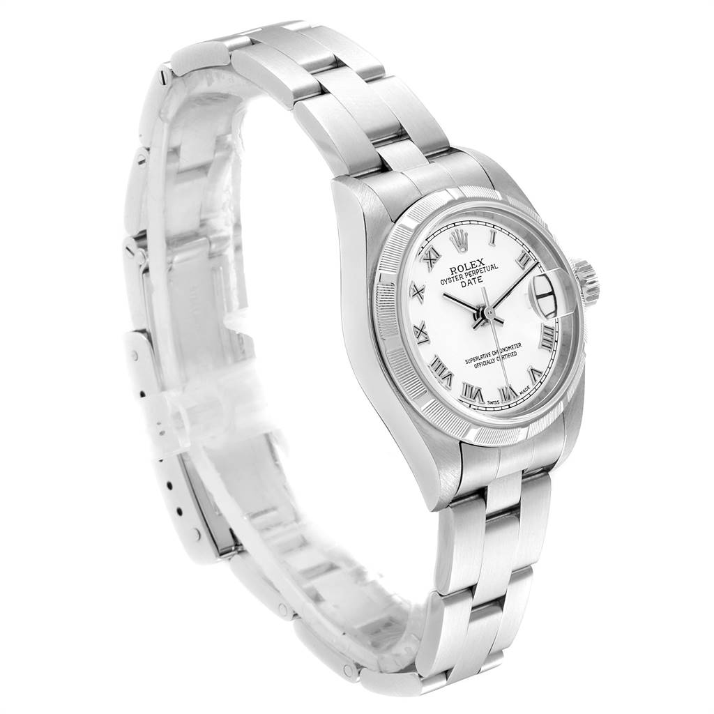 The image shows a Rolex Date 79190 Women's Stainless Steel White Dial 79190 Women's Stainless Steel White Dial model watch from a side angle, highlighting its bracelet, case, dial, and crown.