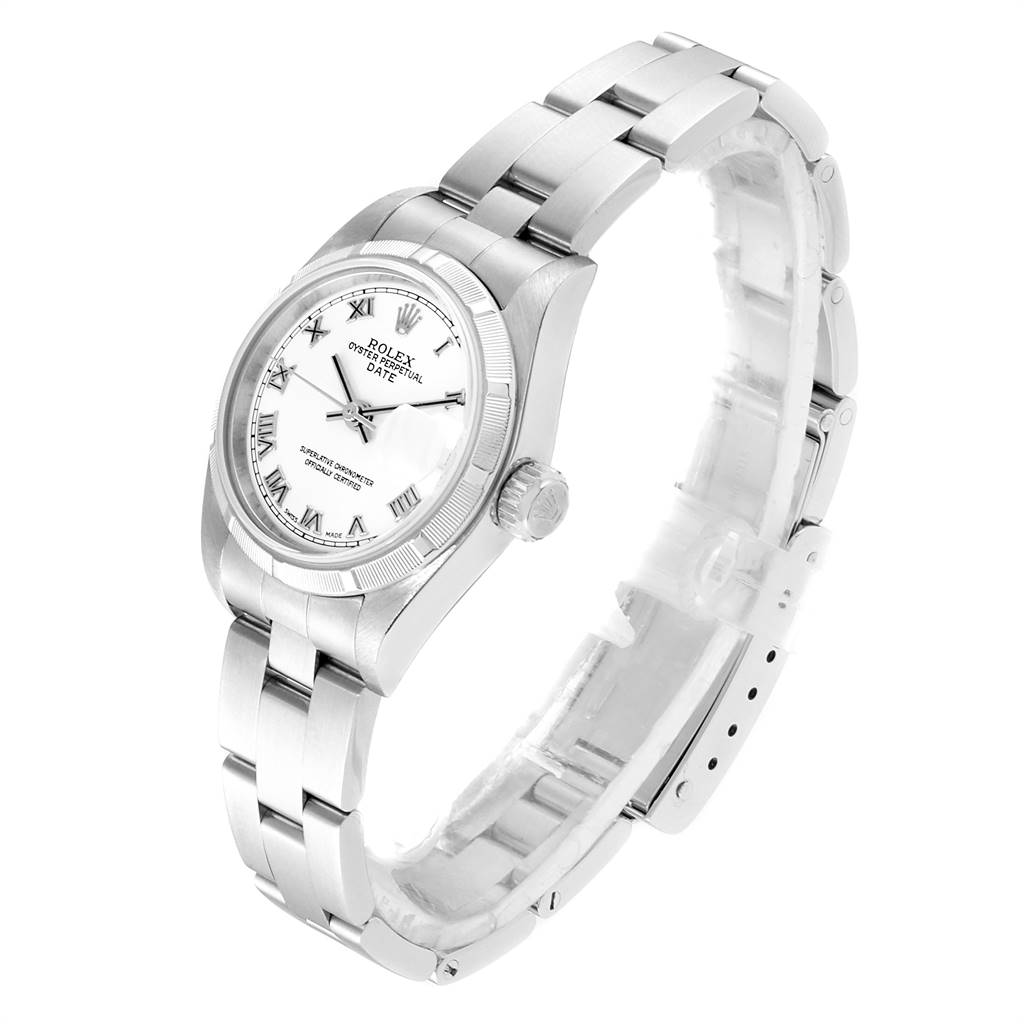The Rolex Date 79190 Women's Stainless Steel White Dial 79190 Women's Stainless Steel White Dial model watch is shown at a 45-degree angle, displaying the face, bezel, crown, and bracelet.