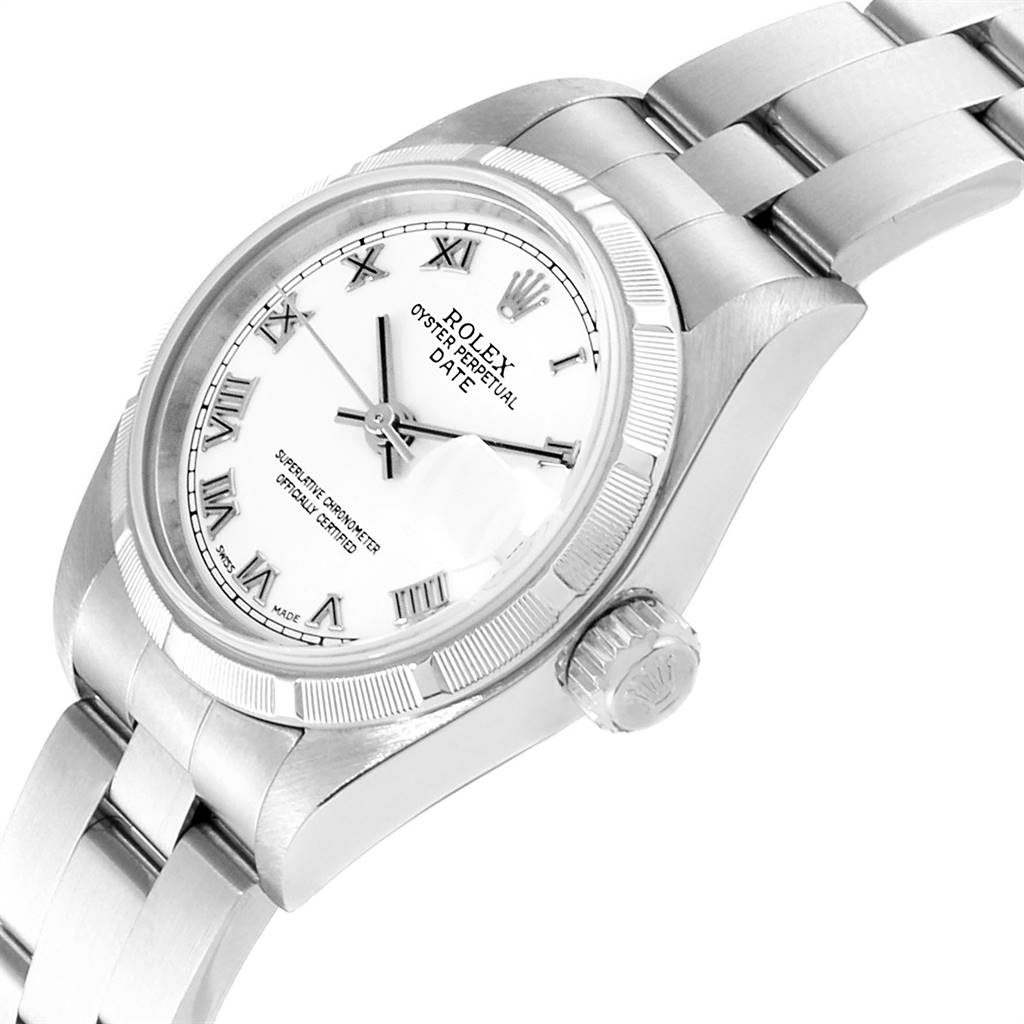 The image shows a Rolex Date 79190 Women's Stainless Steel White Dial 79190 Women's Stainless Steel White Dial model watch at an angled view, highlighting the dial, crown, and bracelet.