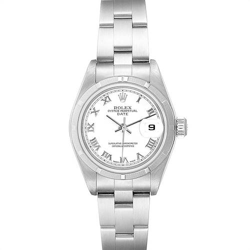 The image shows a front view of a Rolex Date 79190 Women's Stainless Steel White Dial 79190 Women's Stainless Steel White Dial model watch, highlighting the dial, bracelet, and magnified date window.