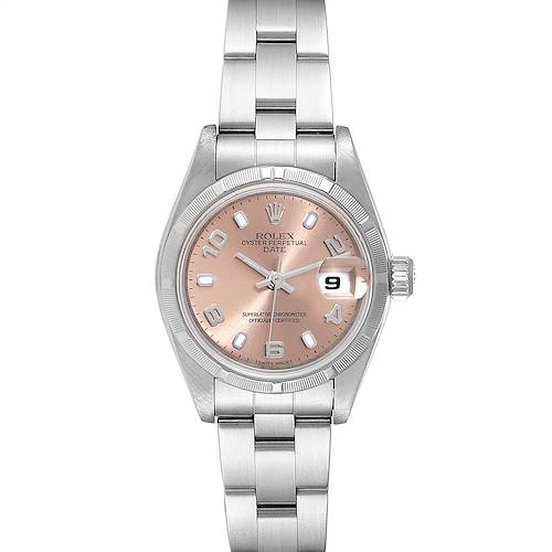 This image shows a front view of the Rolex Date 79190 Women's Stainless Steel Pink Dial 79190 Women's Stainless Steel Pink Dial model watch, displaying the dial, bezel, crown, and bracelet.