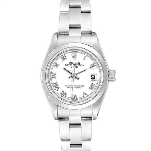 The image shows a front view of a Rolex Date 79160 Women's Stainless Steel White Dial 79160 Women's Stainless Steel White Dial model watch, highlighting the dial, bracelet, crown, and date window.