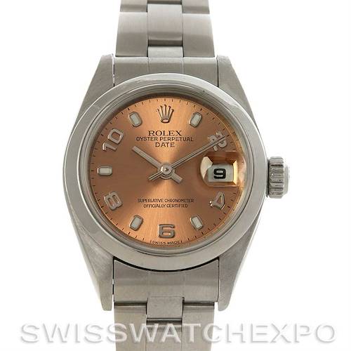The image shows a Rolex Date 79160 Women's Stainless Steel Pink Dial 79160 Women's Stainless Steel Pink Dial model watch from a front angle, displaying the face, bezel, crown, and part of the bracelet.