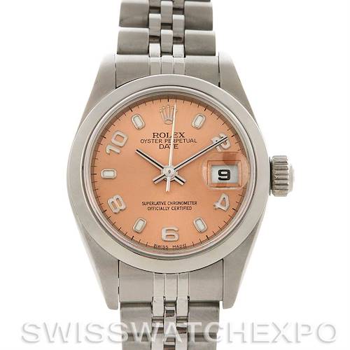 The image shows a front view of a Rolex Date 79160 Women's Stainless Steel Pink Dial 79160 Women's Stainless Steel Pink Dial model watch, displaying its dial, bezel, crown, and bracelet.