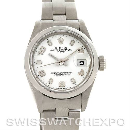 The image shows a frontal view of the Rolex Oyster Perpetual Date watch, showcasing its dial, bezel, crown, and bracelet.