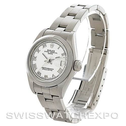 This image shows a Rolex Date 79160 Women's Stainless Steel White Dial 79160 Women's Stainless Steel White Dial model watch at a three-quarter angle, highlighting the dial, case, bracelet, and clasp.