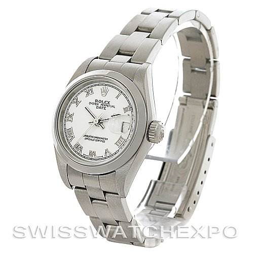 This image shows a Rolex Date 79160 Women's Stainless Steel White Dial 79160 Women's Stainless Steel White Dial model watch at a three-quarter angle, highlighting the dial, case, bracelet, and clasp.
