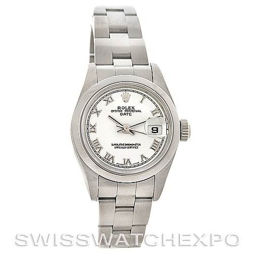 This image shows a front view of the Rolex Date 79160 Women's Stainless Steel White Dial 79160 Women's Stainless Steel White Dial model watch, displaying its face, bezel, and bracelet.