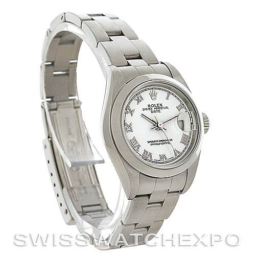 The image shows a Rolex Date 79160 Women's Stainless Steel White Dial 79160 Women's Stainless Steel White Dial model watch at a slight angle, revealing the face, bezel, bracelet, and clasp.