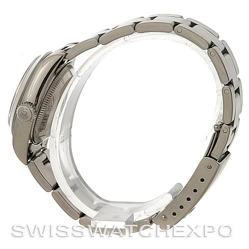 This image shows a side view of the case, crown, and bracelet of a Rolex Date 79160 Women's Stainless Steel White Dial 79160 Women's Stainless Steel White Dial model watch.