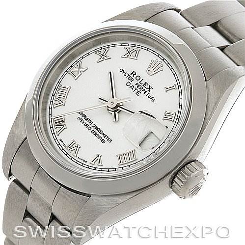 The Rolex Date 79160 Women's Stainless Steel White Dial 79160 Women's Stainless Steel White Dial model watch is shown at an angle displaying the face, Roman numeral dial, and part of the bracelet.