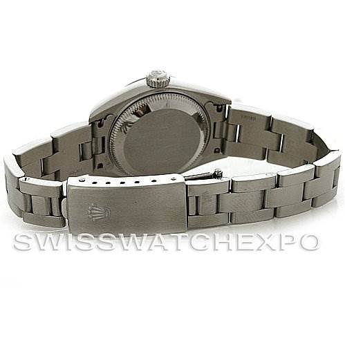 This photo shows the backside and clasp of the Rolex Date 79160 Women's Stainless Steel White Dial 79160 Women's Stainless Steel White Dial model watch.