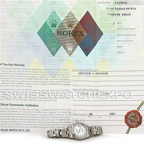 The image shows a Rolex Date 79160 Women's Stainless Steel White Dial 79160 Women's Stainless Steel White Dial model watch lying flat, with its warranty certificate and chronometer certification in the background.