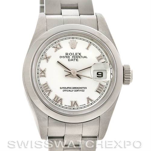 The image shows a front view of a Rolex Oyster Perpetual Date watch, highlighting its dial, bracelet, and date magnifier.