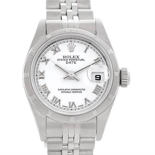 This Rolex Date 79190 Women's Stainless Steel White Dial 79190 Women's Stainless Steel White Dial model watch is shown from a front angle, displaying the dial, bezel, crown, and part of the bracelet.