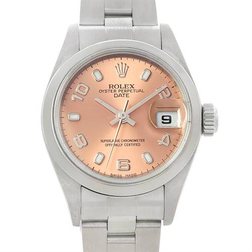 The image shows a front view of the Rolex Date 79160 Women's Stainless Steel Pink Dial 79160 Women's Stainless Steel Pink Dial, highlighting the dial, date display, and part of the bracelet.