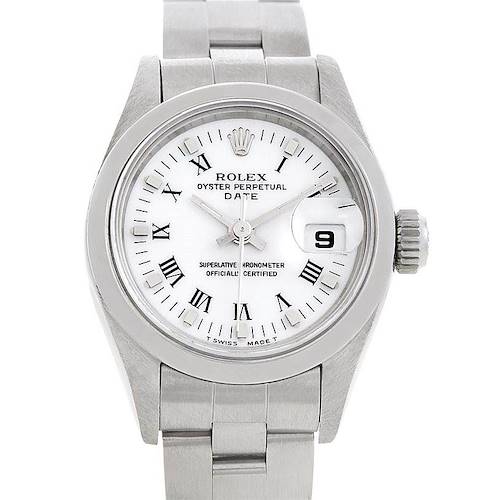 The image shows a front view of the Rolex Date 69160 Women's Stainless Steel White Dial 69160 Women's Stainless Steel White Dial model watch, displaying its face, crown, and bracelet.